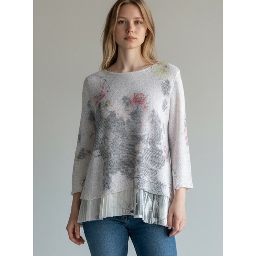 Anthropologie Medium Watercolor Floral Boho Knit Sparkle Sweater Artsy Chiffon